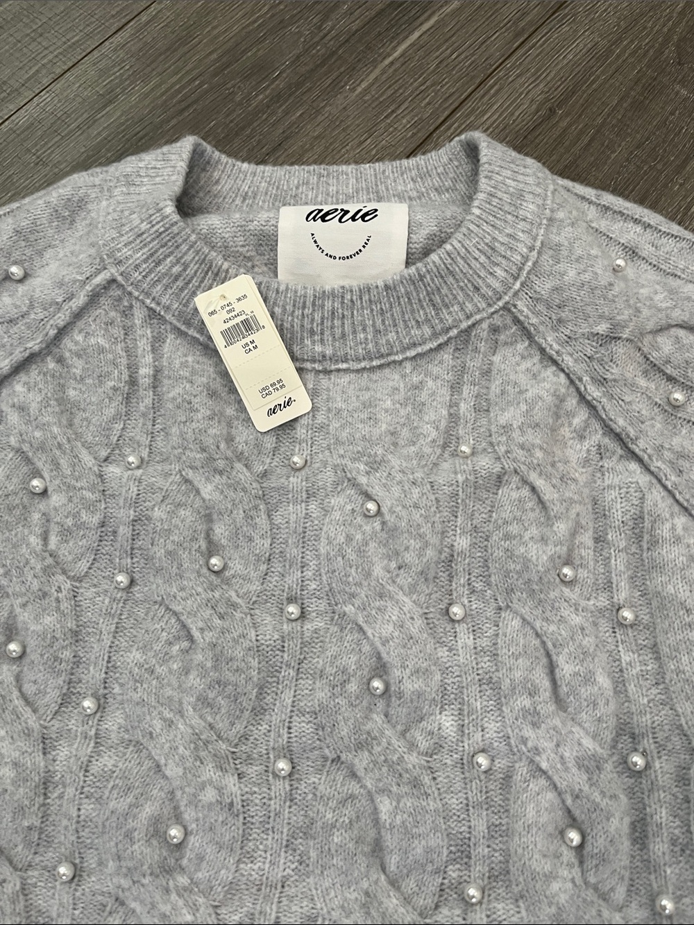 aerie Pearl-Embellished Light Gray Cable Crewneck Sweater - Picture 3 of 5
